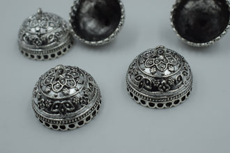Medium Size Round Silver Oxidised Jhumka With Flower Detailing (100 gm)