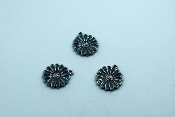 Grey Color Silver Base Daisy Flower Enamel Charm (10 Pcs)