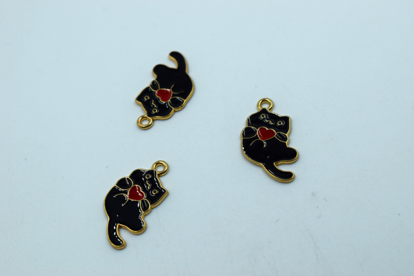 Black Cat With Red Heart Enamel Charm (10 Pcs)
