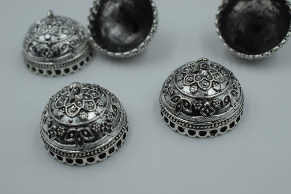 Medium Size Round Silver Oxidised Jhumka With Flower Detailing (100 gm)