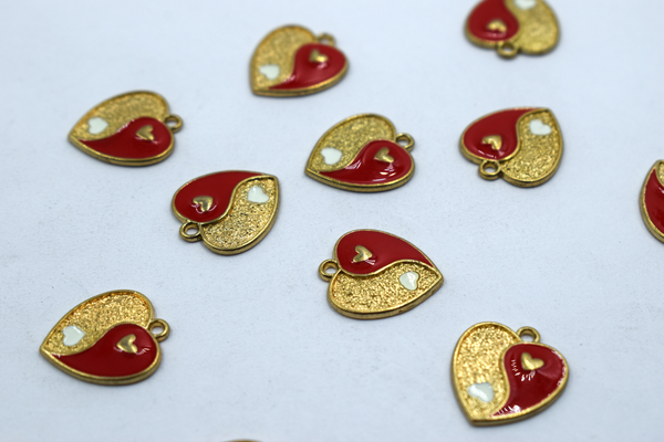 Golden Red Heart Enamel Charm (10 Pcs)