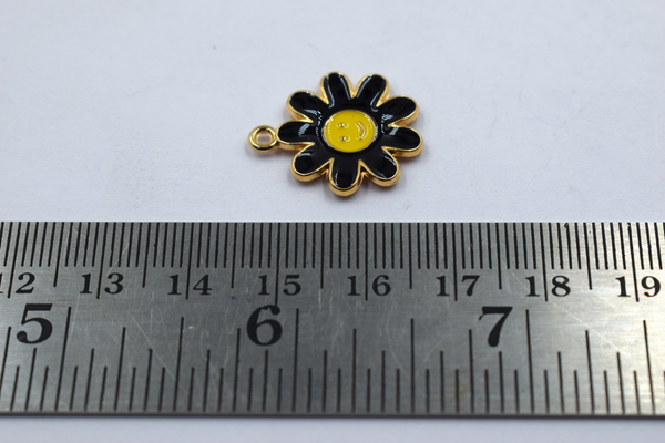 Black Flower With Smiley Enamel Charm (10 Pcs)
