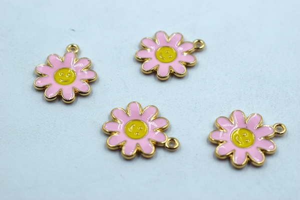 Baby Pink Flower With Smiley Enamel Charm (10 Pcs)