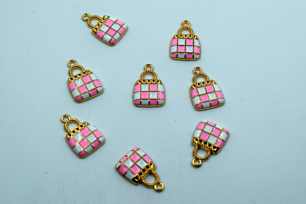Pink White Check Design Purse Enamel Charm (10 Pcs)