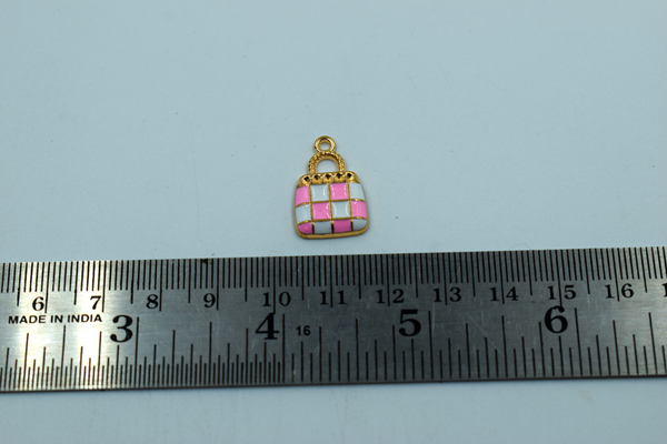 Pink White Check Design Purse Enamel Charm (10 Pcs)