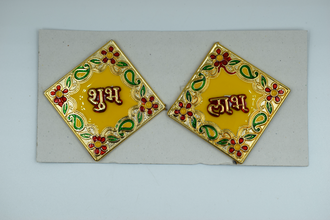 Yellow Square Shape Acrylic Subh Labh Stick On (2 Set)