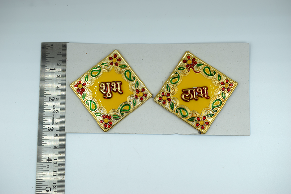 Yellow Square Shape Acrylic Subh Labh Stick On (2 Set)