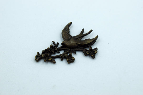 Bird With Flowers And Branch Black Metal Charm (10 Pc)