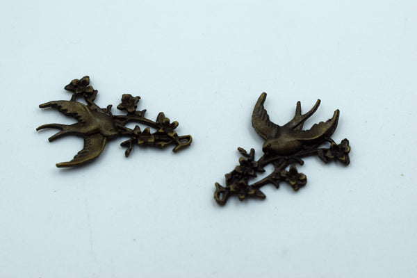 Bird With Flowers And Branch Black Metal Charm (10 Pc)
